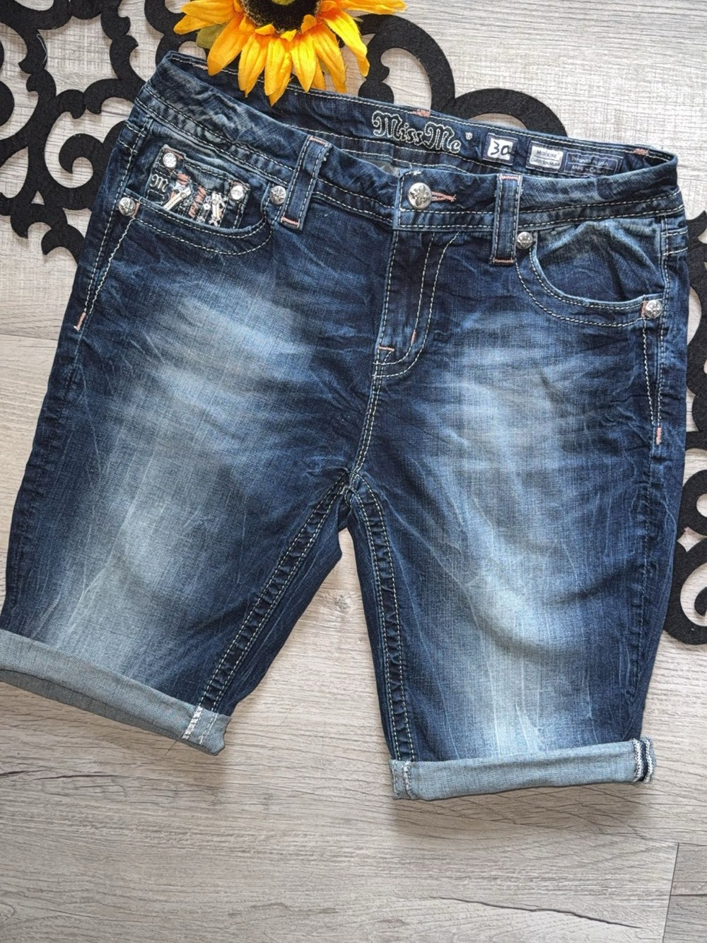 Miss Me Distressed Dark Wash Denim Bermuda Shorts